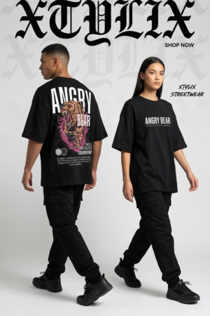 XTYLIX Angry Bear Oversized T-Shirt for Men/Women | Premium Cotton Graphic Printed Round Neck Streetwear T Shirt