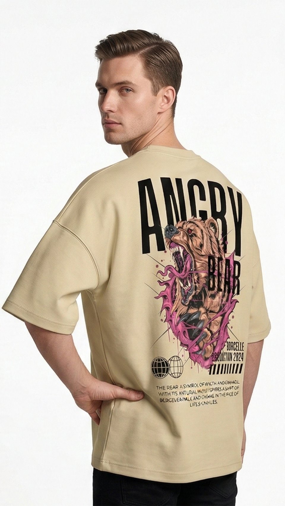 XTYLIX Angry Bear Oversized T-Shirt for Men/Women | Premium Cotton Graphic Printed Round Neck Streetwear T Shirt Badge - Image 6