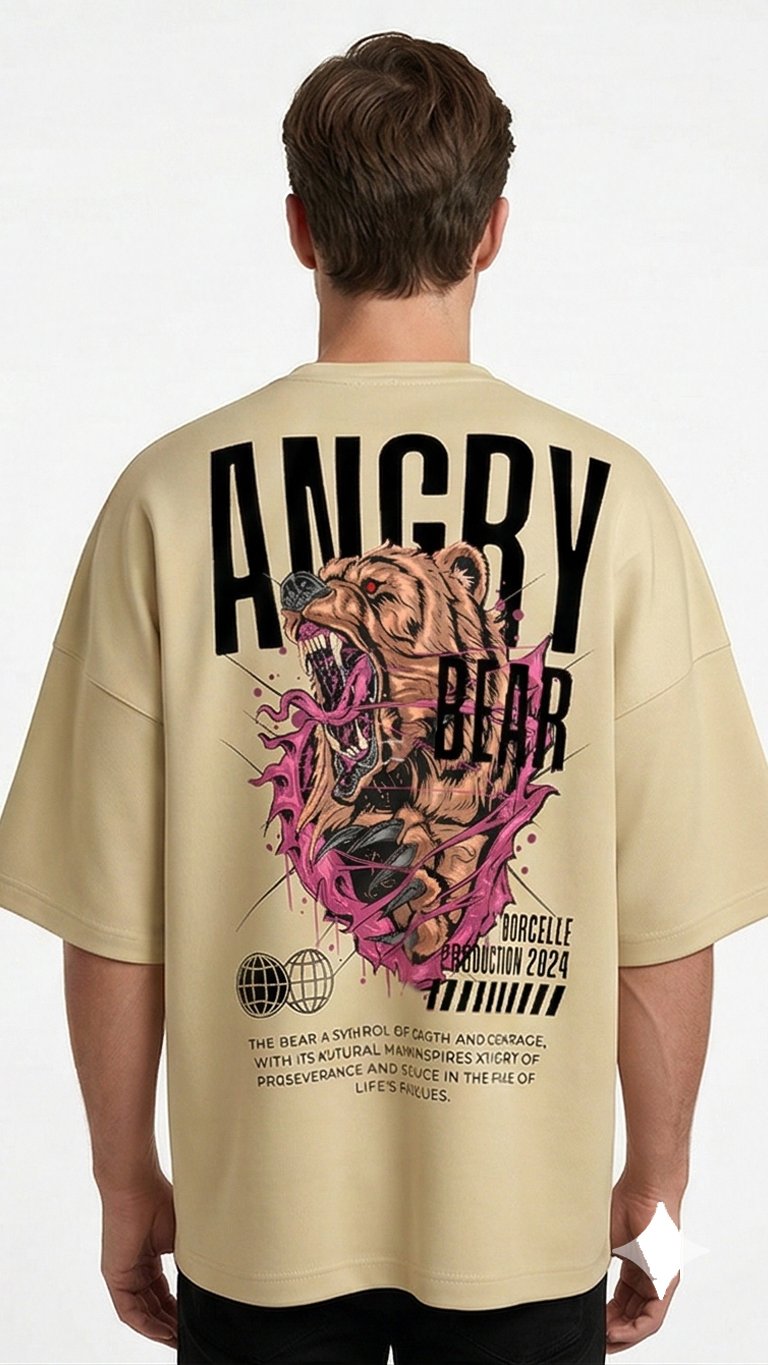 XTYLIX Angry Bear Oversized T-Shirt for Men/Women | Premium Cotton Graphic Printed Round Neck Streetwear T Shirt Badge - Image 7