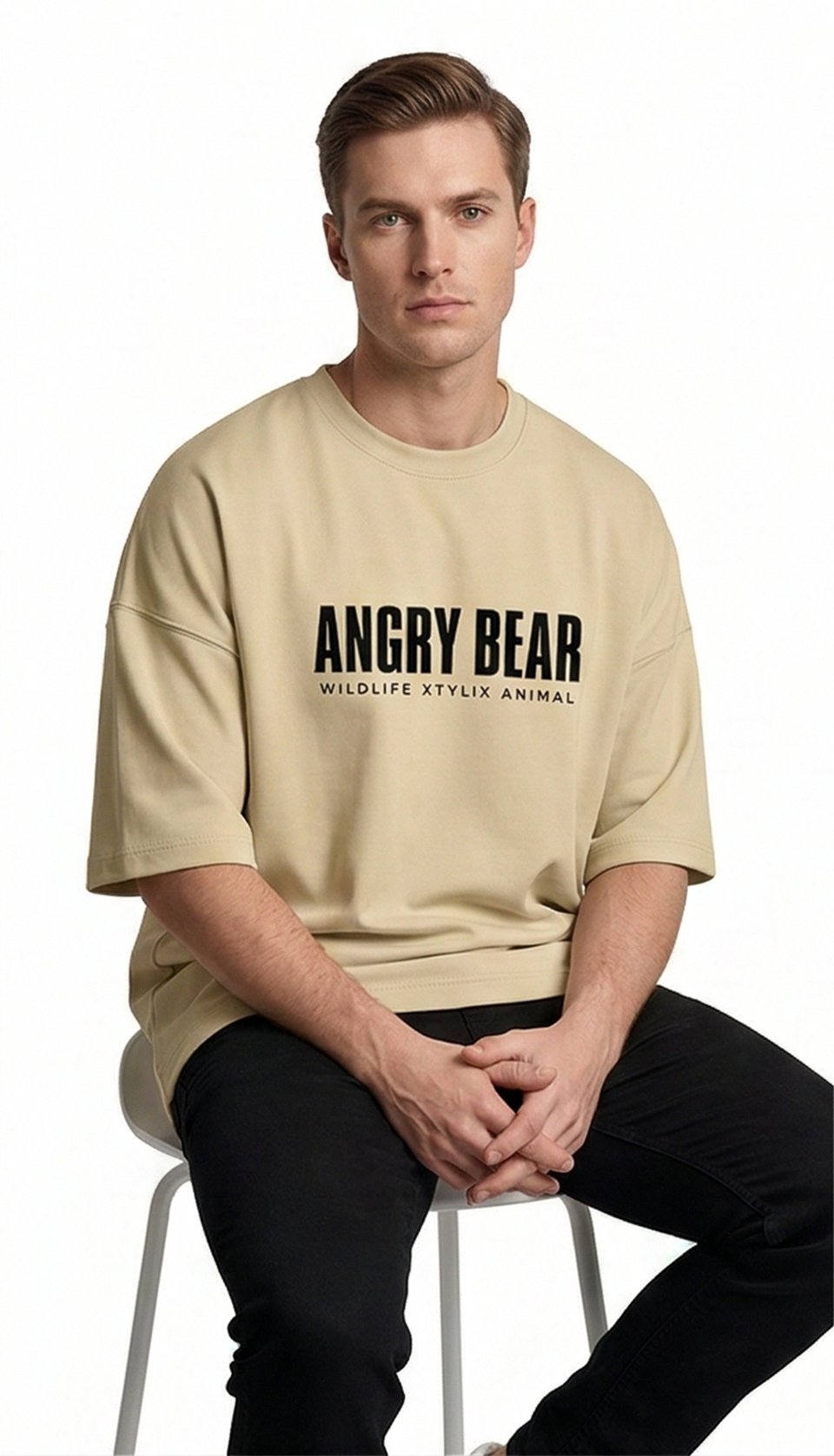 XTYLIX Angry Bear Oversized T-Shirt for Men/Women | Premium Cotton Graphic Printed Round Neck Streetwear T Shirt Badge - Image 2