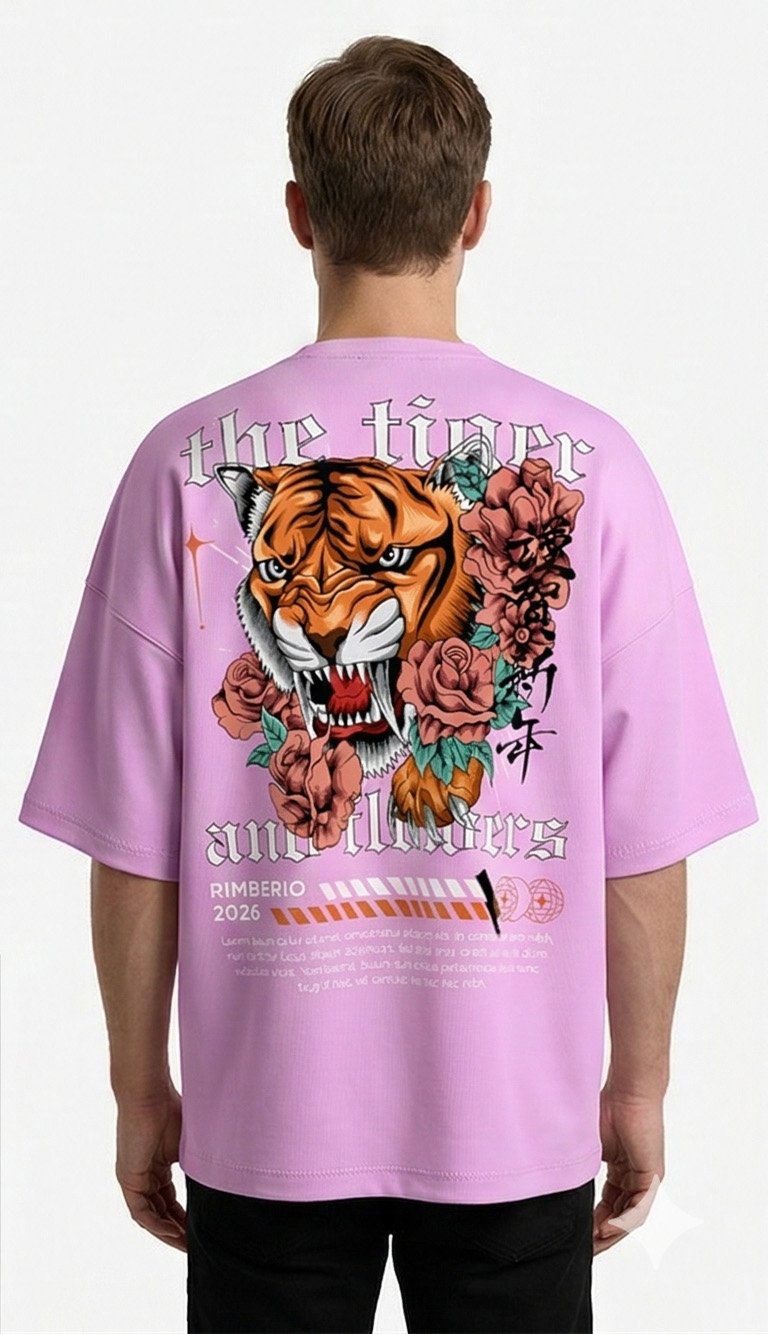 XTYLIX Tiger Oversized T-Shirt for Men | Premium Cotton Graphic Printed Round Neck Streetwear T Shirt lavender - Image 3