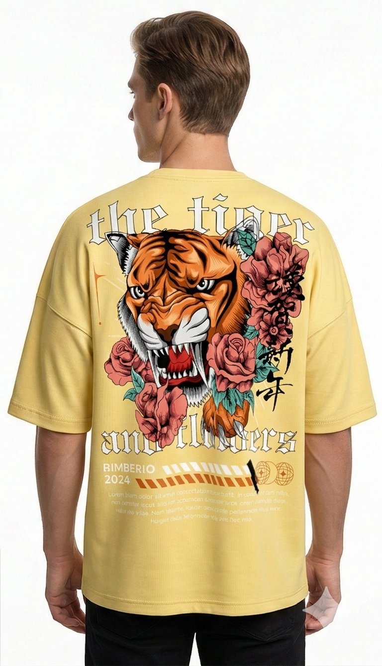 XTYLIX Tiger Oversized T-Shirt for Men | Premium Cotton Graphic Printed Round Neck Streetwear T Shirt Yellow Badge - Image 4