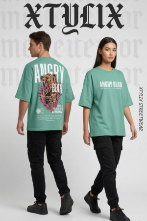 XTYLIX Angry Bear Oversized T-Shirt for Men/Women | Premium Cotton Graphic Printed Round Neck Streetwear T Shirt Mint Green
