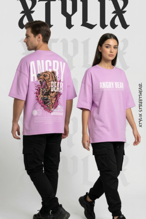 XTYLIX Angry Bear Oversized T-Shirt for Men / women | Premium Cotton Graphic Printed Round Neck Streetwear T Shirt lavender