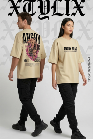 XTYLIX Angry Bear Oversized T-Shirt for Men/Women | Premium Cotton Graphic Printed Round Neck Streetwear T Shirt Badge