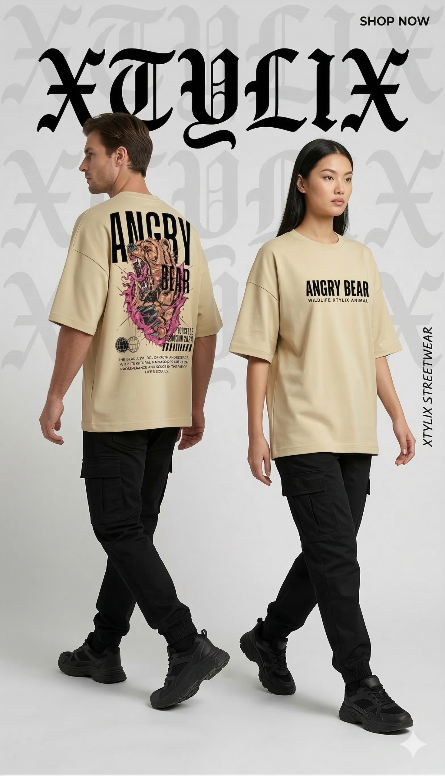 XTYLIX Angry Bear Oversized T-Shirt for Men/Women | Premium Cotton Graphic Printed Round Neck Streetwear T Shirt Badge
