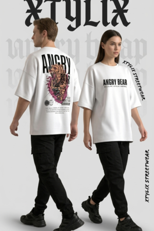 XTYLIX Angry Bear Oversized T-Shirt for Men/Women | Premium Cotton Graphic Printed Round Neck Streetwear T Shirt white