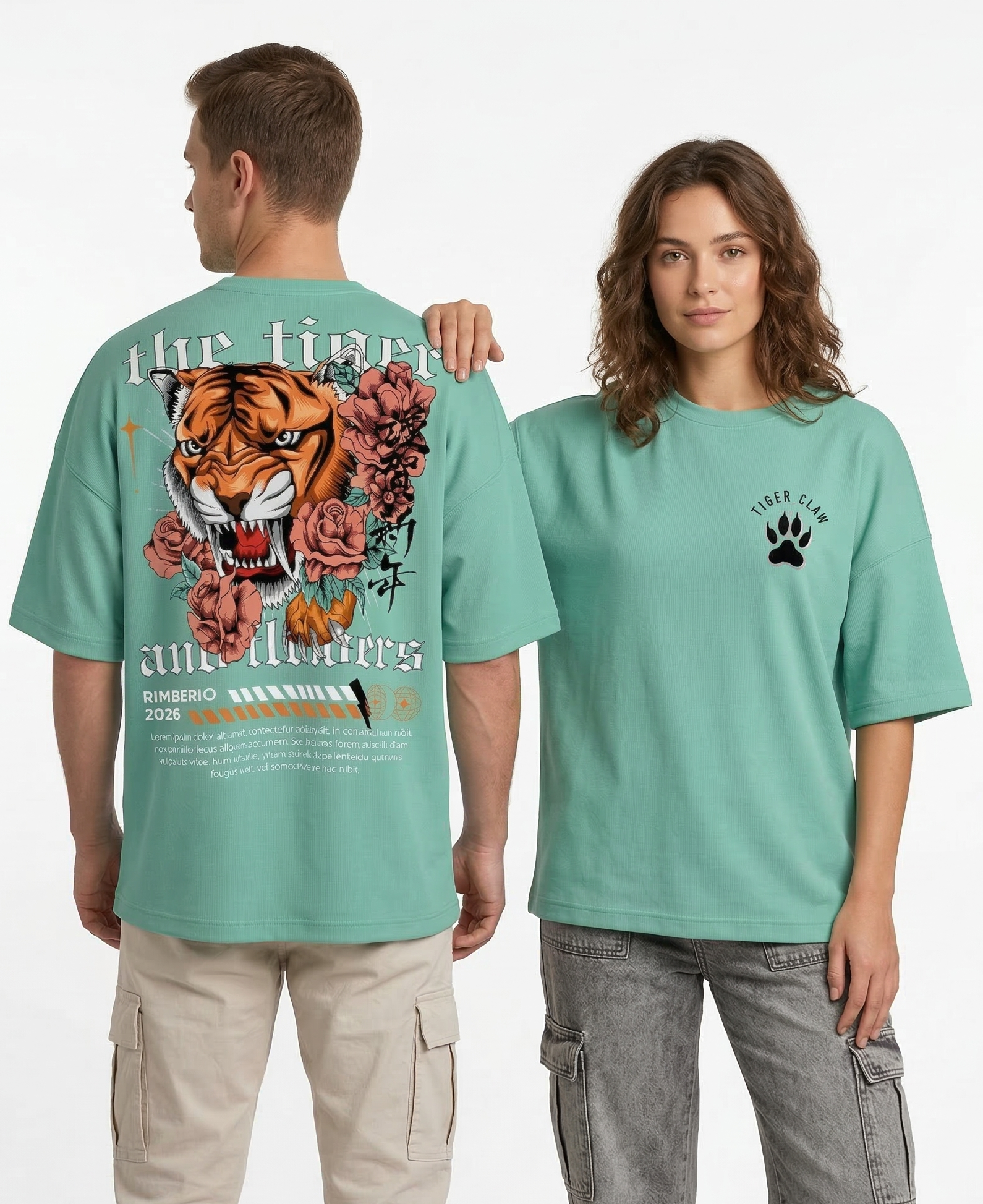 XTYLIX Tiger Oversized T-Shirt for Men | Premium Cotton Graphic Printed Round Neck Streetwear T Shirt Mint Green