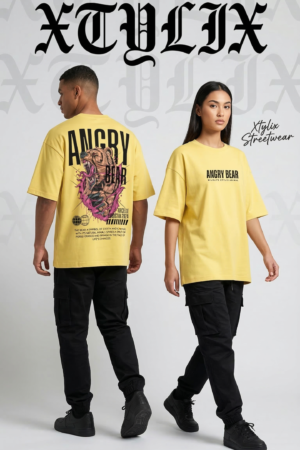 XTYLIX Angry Bear Oversized T-Shirt for Men/Women | Premium Cotton Graphic Printed Round Neck Streetwear T Shirt Yellow Badge