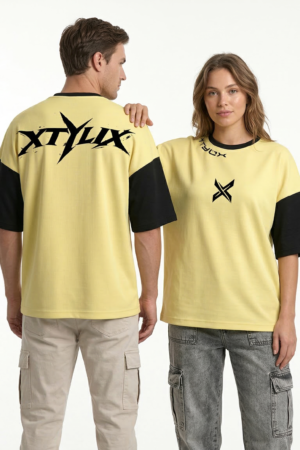 XTYLIX Oversized T-Shirt for Unisex | Premium Cotton Graphic Printed Round Neck Streetwear T Shirt Cross Color Yellow Badge