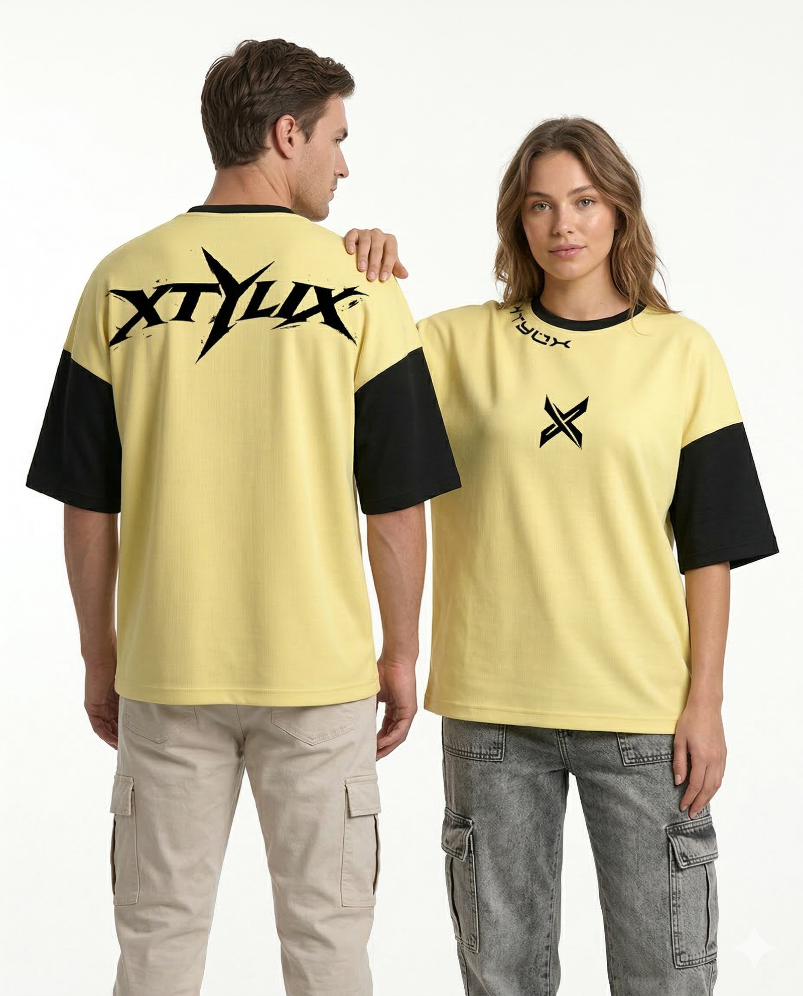 XTYLIX Oversized T-Shirt for Unisex | Premium Cotton Graphic Printed Round Neck Streetwear T Shirt Cross Color Yellow Badge