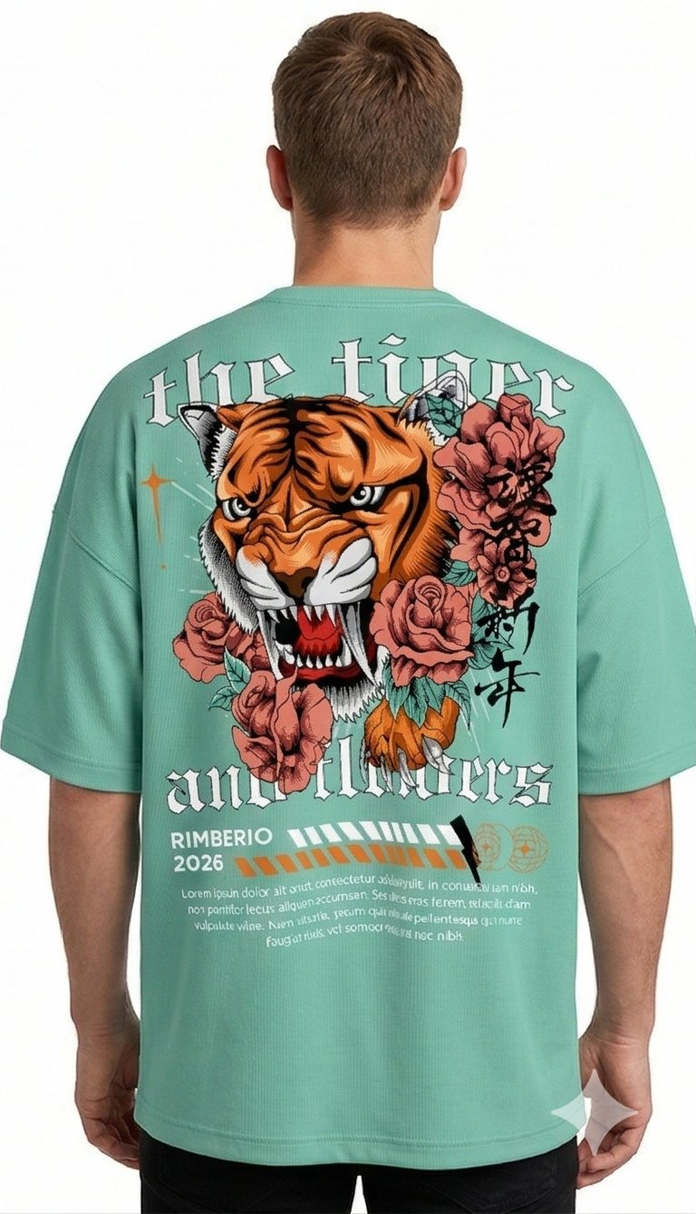 XTYLIX Tiger Oversized T-Shirt for Men | Premium Cotton Graphic Printed Round Neck Streetwear T Shirt Mint Green - Image 2