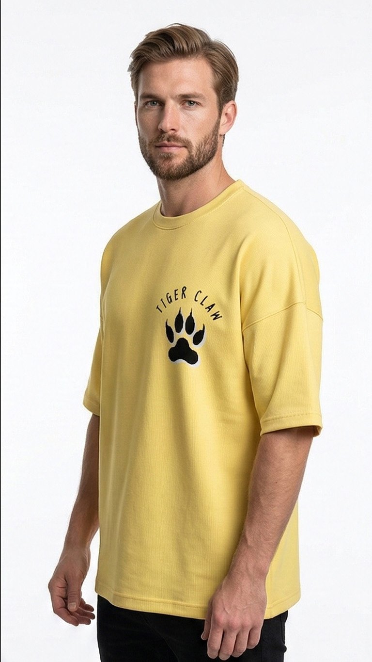 XTYLIX Tiger Oversized T-Shirt for Men | Premium Cotton Graphic Printed Round Neck Streetwear T Shirt Yellow Badge - Image 3