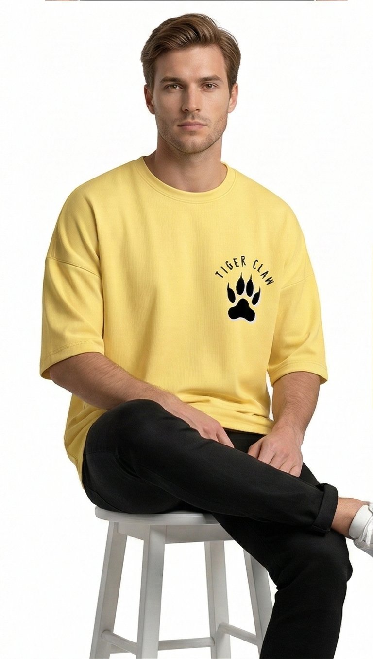 XTYLIX Tiger Oversized T-Shirt for Men | Premium Cotton Graphic Printed Round Neck Streetwear T Shirt Yellow Badge - Image 5