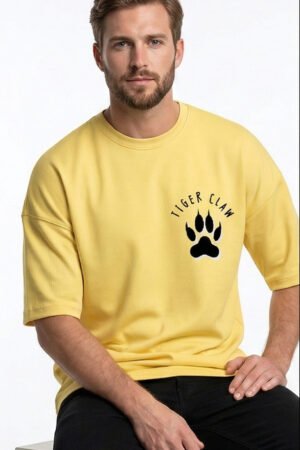 XTYLIX Tiger Oversized T-Shirt for Men | Premium Cotton Graphic Printed Round Neck Streetwear T Shirt Yellow Badge