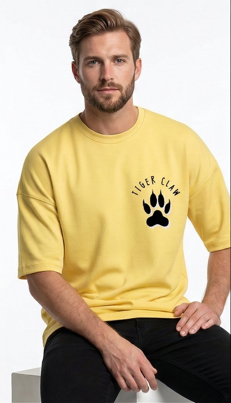 XTYLIX Tiger Oversized T-Shirt for Men | Premium Cotton Graphic Printed Round Neck Streetwear T Shirt Yellow Badge