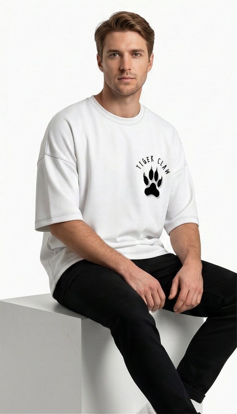 XTYLIX Tiger Oversized T-Shirt for Men | Premium Cotton Graphic Printed Round Neck Streetwear T Shirt white