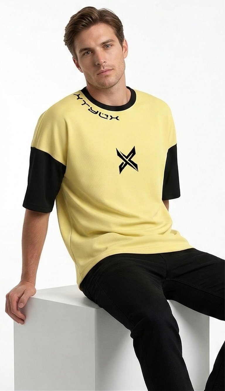 XTYLIX Oversized T-Shirt for Unisex | Premium Cotton Graphic Printed Round Neck Streetwear T Shirt Cross Color Yellow Badge - Image 3