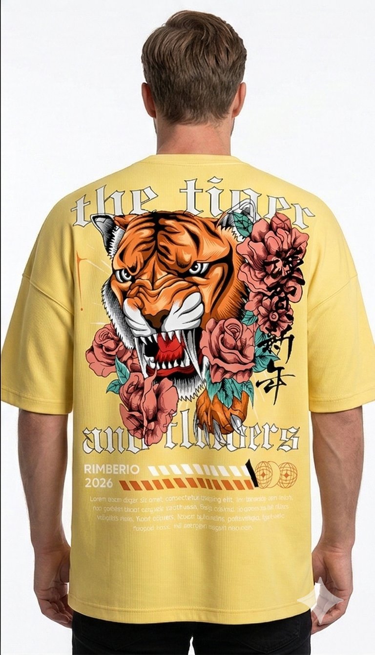 XTYLIX Tiger Oversized T-Shirt for Men | Premium Cotton Graphic Printed Round Neck Streetwear T Shirt Yellow Badge - Image 7