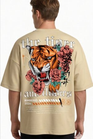XTYLIX Tiger Oversized T-Shirt for Men | Premium Cotton Graphic Printed Round Neck Streetwear T Shirt Badge