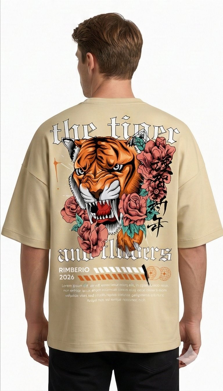 XTYLIX Tiger Oversized T-Shirt for Men | Premium Cotton Graphic Printed Round Neck Streetwear T Shirt Badge