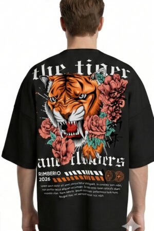 XTYLIX Tiger Oversized T-Shirt for Men | Premium Cotton Graphic Printed Round Neck Streetwear T Shirt black