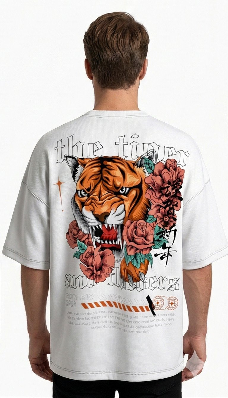 XTYLIX Tiger Oversized T-Shirt for Men | Premium Cotton Graphic Printed Round Neck Streetwear T Shirt white - Image 5