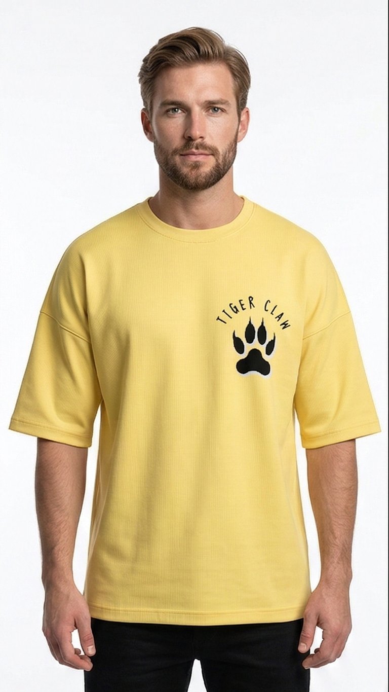 XTYLIX Tiger Oversized T-Shirt for Men | Premium Cotton Graphic Printed Round Neck Streetwear T Shirt Yellow Badge - Image 2