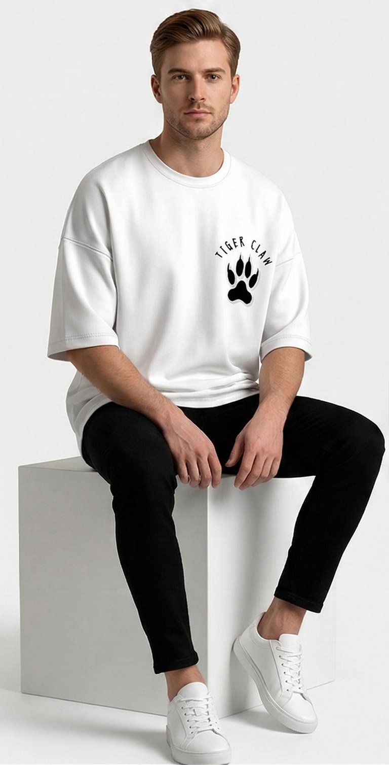 XTYLIX Tiger Oversized T-Shirt for Men | Premium Cotton Graphic Printed Round Neck Streetwear T Shirt white - Image 8
